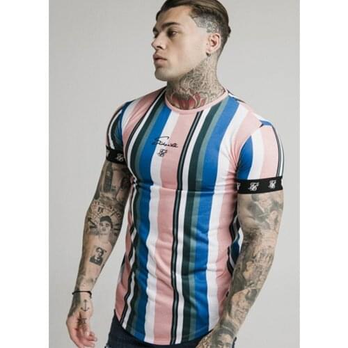 2021 Summer European And American New Style Striped Fitness Sports T-Shirt Mens Short-Sleeved Printed T-Shirt Trendy Men
