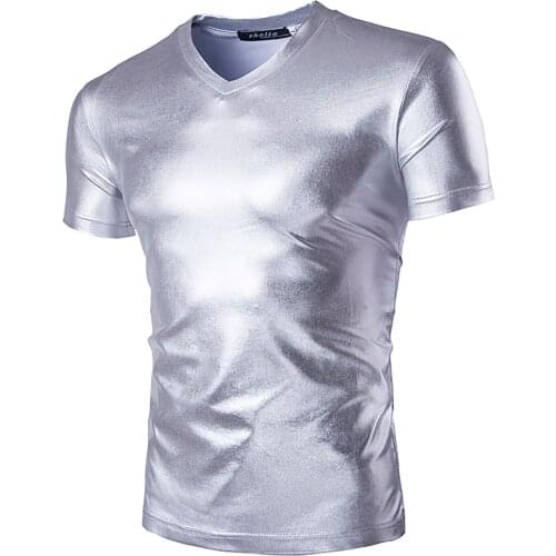Men T Shirt Top Tee Oversized Shiny Metallic V Neck Short Sleeve T-shirt Fashion Solid Muscle Tops Nightclub Stage Costume M-4XL