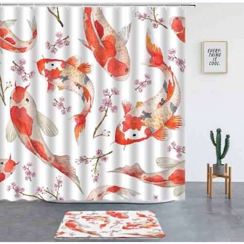 Koi Print Shower Curtains Set Non-slip Rug Japanese Style Washable Bathroom Decor Screen Bath Mats Entrance Door Mat With Hooks