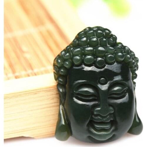 Natural Green Real HETIAN Stone Pendant Carved Shakyamuni Gautama Buddha Head Pendant Necklace Mens Fashion Jewelry Free Rope