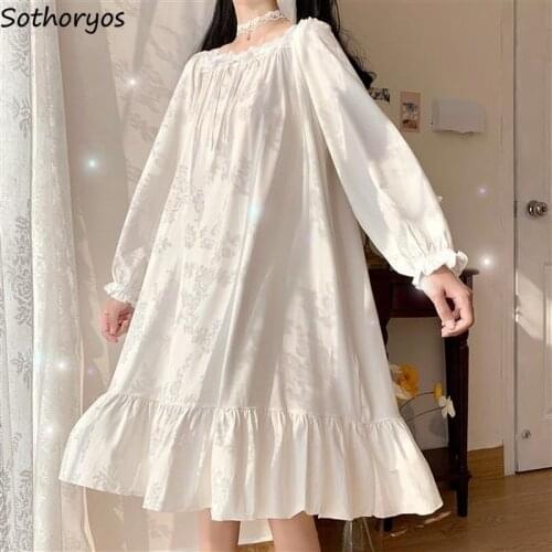 Nightgowns Women White Lace Design Long Sleeve Sleepshirts Sweet Elegant Bandage Square Collar Soft Sleepwear Girls Ulzzang Chic