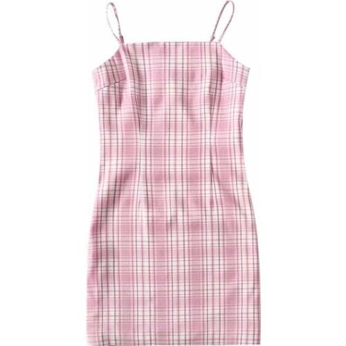2021 Summer New Womens Slim Pink Plaid Suspender Dress DLQZ1899