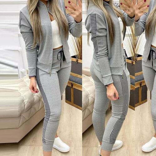 Autumn Plaid Patchwork Womens Tracksuit Sets Long Sleeve Zipper Female Sport Coat Set Drawstring High Waist Ladies Pants Suits