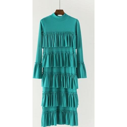PERHAPS U Sky Blue Stand Collar Cascading Ruffle Long Sleeve Pencil Midi Dress Elegant Solid Autumn Fall Flare Sleeve D0793