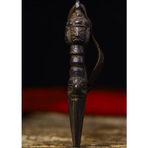 4" Tibet Buddhism Temple Old Bronze Three-sided Mahakala Buddha Statue Fa QI pendant Dorje Vajra Phurba Dagger Holder