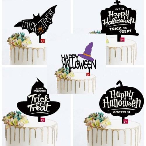 Happy Halloween Bat Acrylic Cake Toppers Black Witch Hat Tombstone Cake Toppers for Halloween Party Cake Decoration Supplies New