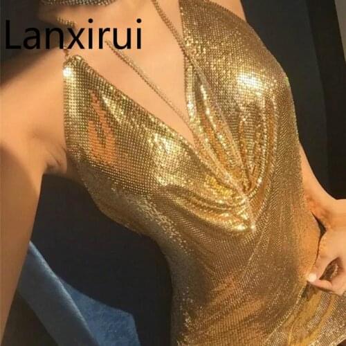 Sexy Deep V Neck Gold Sequined Metallic Halter Backless Party Dress Kendall Jenner 'S Nightclub Metal Summer Dress
