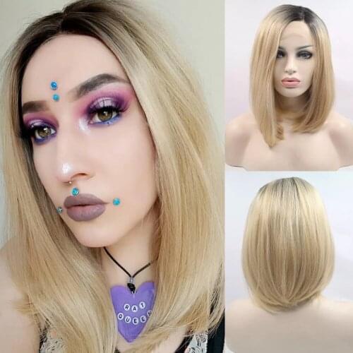 Sylvia Mixed Color Black Ombre Blonde Short Bob Hair For Women Synthetic Lace Front Wig For Women Side Part Heat Resistant Wigs