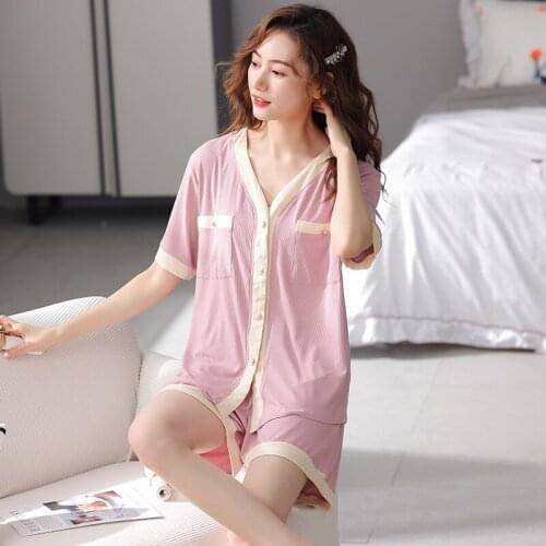 Womens Home Clothes Modal Cotton Home Suit Lounge Wear Short Sleeved Shorts Ladies Pajamas Simple Style V-Neck Pijamas Mujer