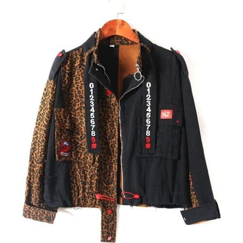 Leopard Print Patchwork Women Denim Jacket Short Coat Pocket Sequins Fashion Jeans Jacket Streetwear Womens Loose Jeans Coat223