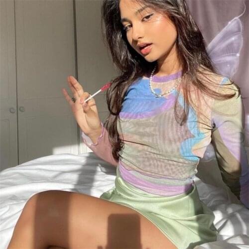 Thorn Tree Women Sheer Mesh See Through T-shirts Long Sleeve Print Crew Neck Slim Crop Tops Autumn Fashion High Street T-shirts