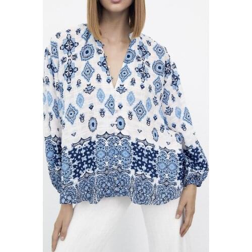 ZA summer new style womens retro tribal ethnic style V-neck printed shirt