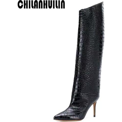 Sexy high heels fashion dance knee high boots woman faux leather thin heel runway boots pointed toe zip autumn winter warm boots