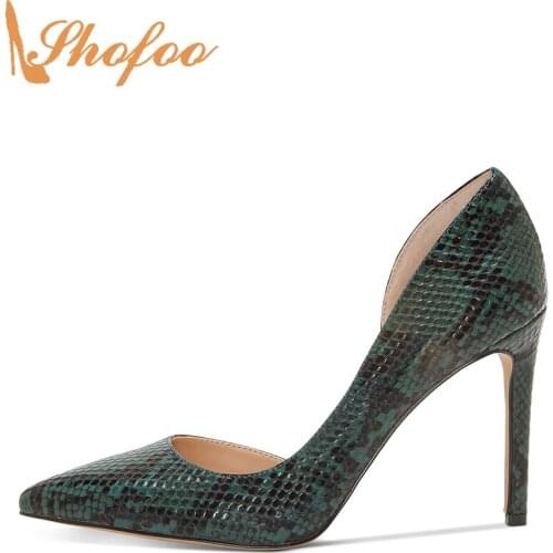 Green Snake Skin Embossed Pumps High Thin Heels Women Pointed Toe Slip On Big Size 14 16 Lady Summer Fashion Mature Shoes Shofoo
