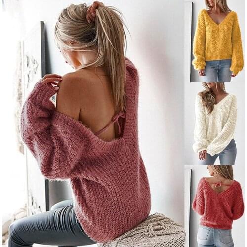 Sweater Women 2019 v-neck Solid Color Casual Loose Lace Up Backless Autumn And Winter Pullover Clothes Vestidos MMY77022