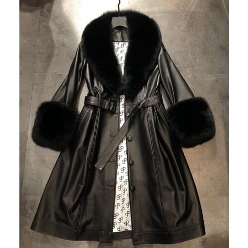 Winter New Women Real Fox Fur Collar and Cuffs Long Sheepskin Jacket Warm Slim Fit Genuine Leather Trench Coat Ladies Overcoat