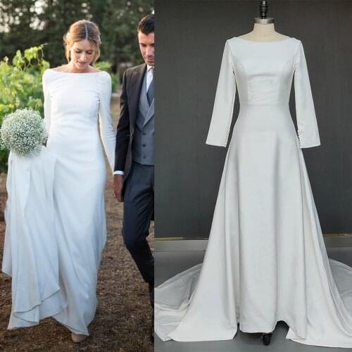 Long Sleeve Satin Wedding Dress with Buttons 2020 Backless Simple Style Church Bridal Gown Train Real photo factory price #1012