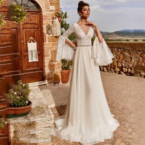 Boho Chiffon V-Neck Wedding Dress High Slit Beach Open Back Spaghetti Straps Bride Dresses Lace Top Long Train Vestido De Novia