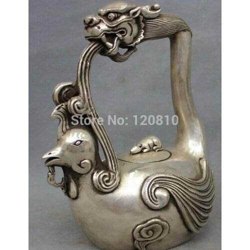 10" Chinese Silver JiXiang Wealth Dragon Phoenix Peacock Statue Teapot Wine Pot