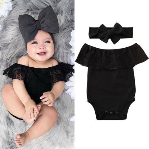 2PCS Newborn Kid Baby Girl Romper Outfits Lace Floral Off Shoulder Bodysuits Jumpsuits Bowknot Headband Summer Outfit Set