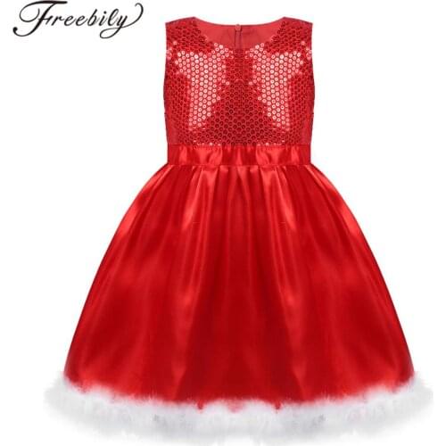 Kids Christmas Dress Girl Shiny Sequins Round Neck Sleeveless Princess Dress Girls Children Cosplay Birthday Party Dress Up
