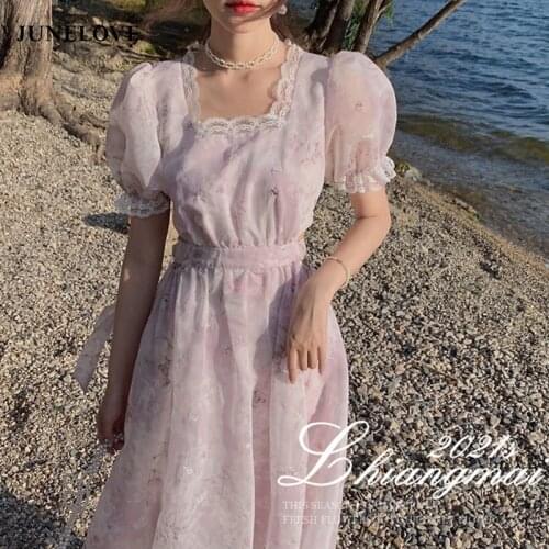Elegant Floral Dress Women Korean Lace Up Chiffon Princess Kawaii Dress French Casual Fit Chic Summer Beach Party Fairy Dress