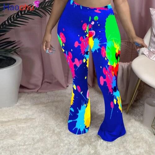 HAOOHU Active Wear Painted Print Women Wide Leg Flare Pants Leggings High Waist Bell Bottoms Trousers Draped Jogger Sweatpants