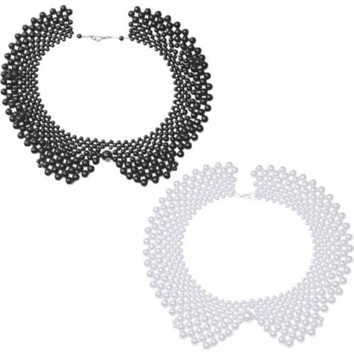 Ethnic Handmade Woven Beading False Collar Imitation Pearl Jewelry Women Bib Choker Necklace Romantic Blouse Decorative Costume