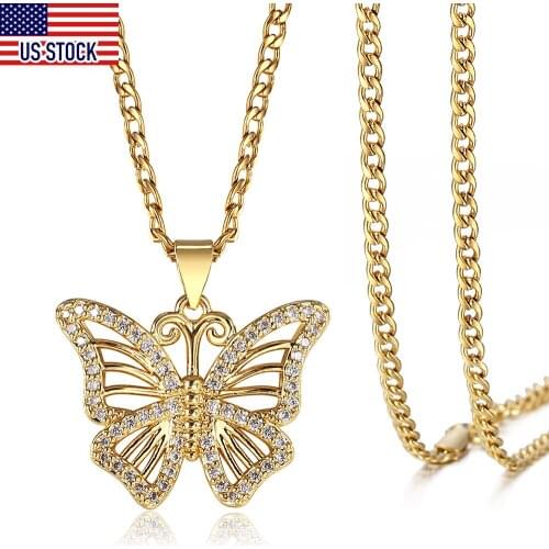 Dainty Gold Color Butterfly Pendant Necklace Iced Out CZ Rhinestone Charm Curb Cuban Chain For Women Girl Fashion Jewelry DGP432