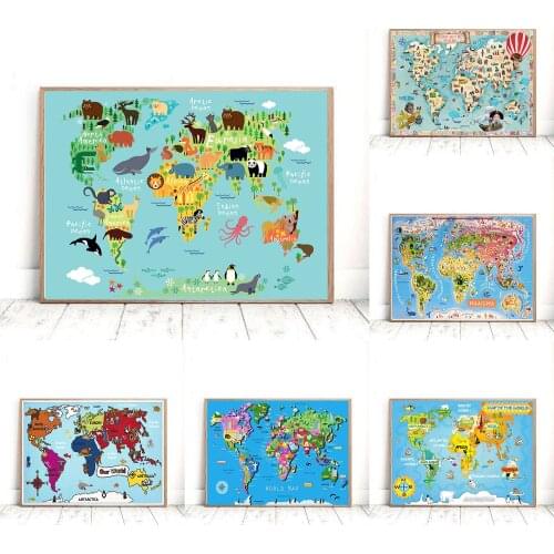 Cartoon World Map Canvas Painting Kids Room Decor Poster and Prints Classroom Decor Wall Art Pictures Home Decor