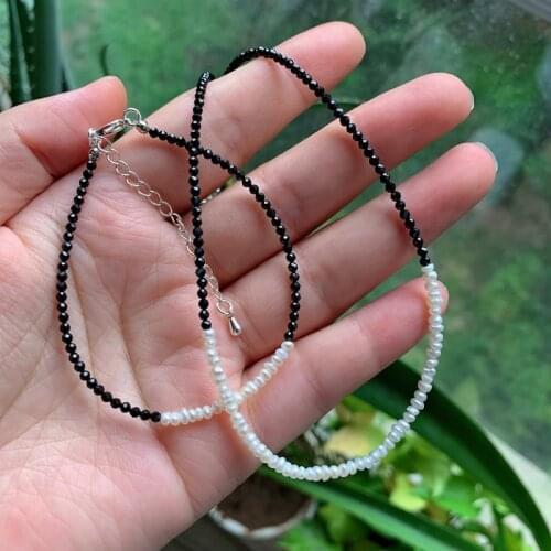 Retro Stone Jewelry 2mm Small Black Obsidian Choker Necklace Tiny White Baroque Pearl Beaded Natural Freshwater Pearl Necklace