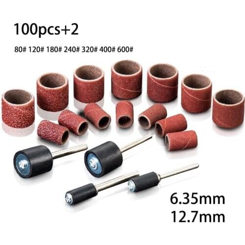 100PCS Sanding Bands Band Drum Grit Sandpaper + 2 Mandrel For Sand Shape Groove Woods Fiberglass Dremel Rotary Tool