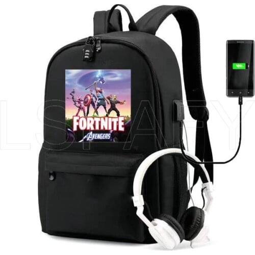 New Student School Bag Fortnite Backpack Anime for Boy Girls Multifunction USB Charging Port and Lock School Bag Black
