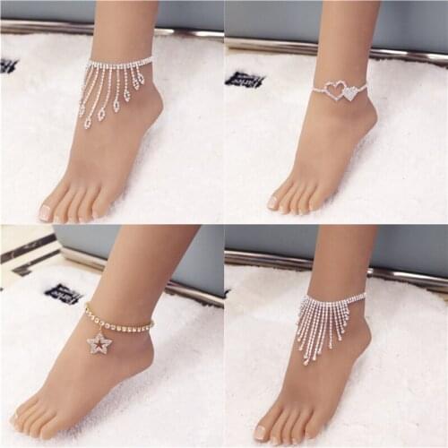 Fashion Heart Tassel Rhinestone Anklets Wholesale Jewelry for Women Beach Barefoot Love Pendant Anklet Bracelet Leg Chain