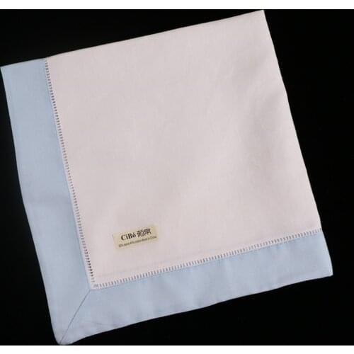 N037-SB-20: 12pieces White Hemstitch Dinner Napkins Sky Blue hem Ramie Cotton Blend Ladder Hemstitch table linen