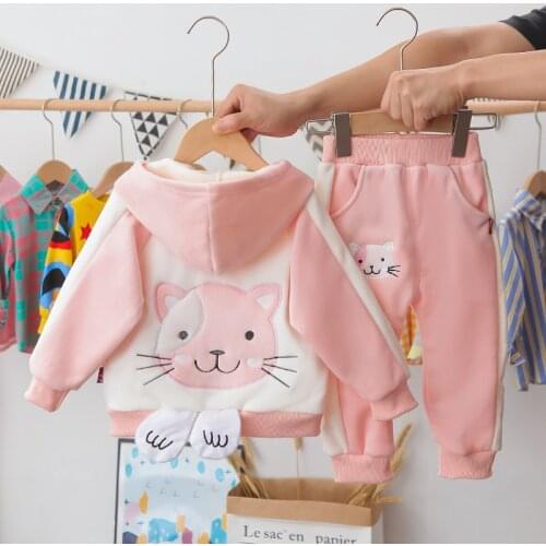 Childrens 2021 New Spring Clothing Pants Autumn Baby Cat Two-piece Set of Childrens Suit Gold Velvet Warm Jacket