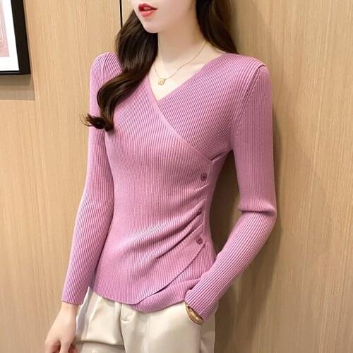Korean Style Solid Slim khaki knitted sweater Pullovers casual V-Neck Knitted Women Sweaters Female Autumn winter retro jumper
