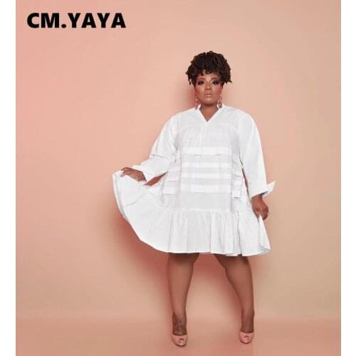 CM.YAYA Women Plus Size Dress Solid Full Sleeve V-neck Loose Midi Dresses Fashion Casual Streetwear Summer Outfit Vestidos 2021