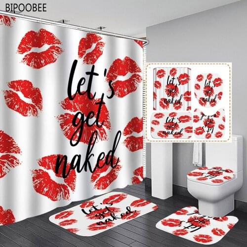 Get Naked Pattern Bathroom Curtain Red Lips Printing White Shower Curtains Non-Slip Pedestal Rug Toilet Lid Cover Bath Mat Set