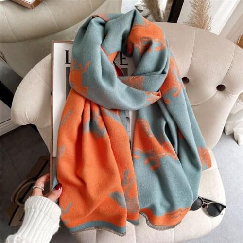 Women Cashmere Bufanda Scarf Luxury Solid Horse Print Thick Warm Blanket Pashmina Soft Foular Tassel Echarpe 2021 Headscarves