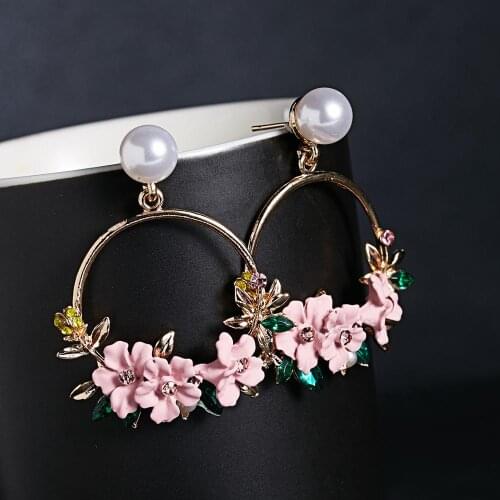 Zhijia sweet cute hollow round purple pink yellow red flower pearl stud earrings for women party gifts accessories