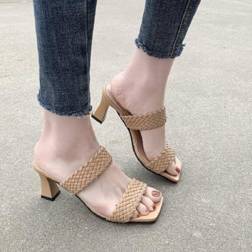 2021 New Square Toe Slippers Women Peep Toe High Heel 7cm Slides Summer Shoe Women Embroidery Mule Massage Outsole Slipper Size