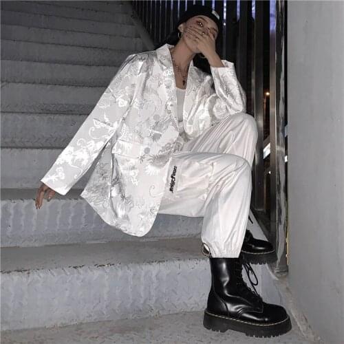 Gothic Vintage Women Jacket Long Sleeve Retro Thin Blazer For Female Fashion Chinese Dragon Print Jacket White Outwears