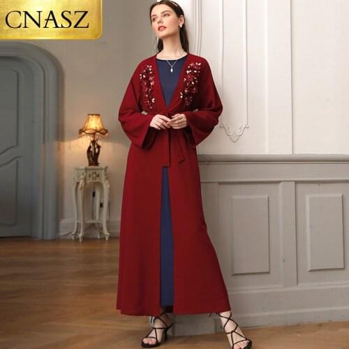 New High Quality Fashion Abayas For Women Dark Red Handmade Flowers Diamond-studded Muslim Dress Arab Robe Dubai Turkey Cardigan