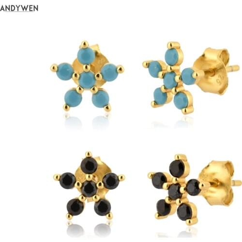ANDYWEN 925 Sterling Silver Five Zircon Flower Turquoise Black Stud Earring Piercing For Women Luxury Jewelry Rock Punk