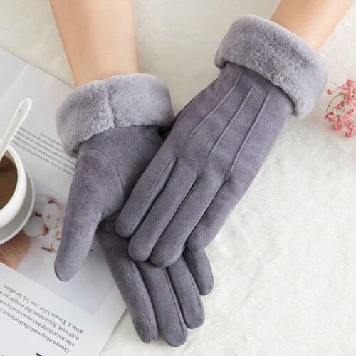 Winter Female Double Thick Plush Wrist Warm Cashmere Cute Cycling Mittens Women Suede Leather Touch Screen Driving Glove C56B