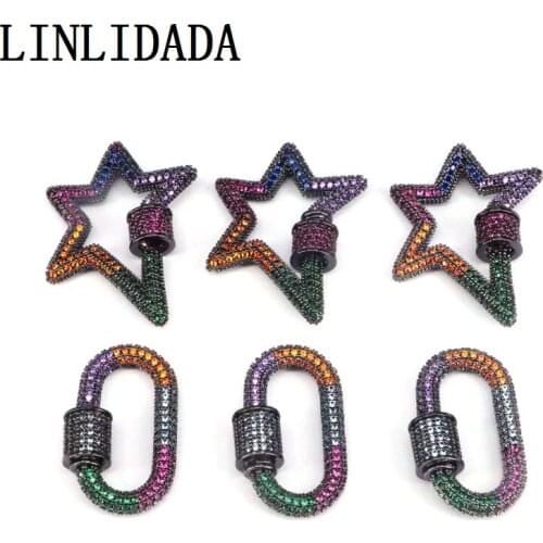 3Pcs, Carabiner Star Oval Screw Clasp, Colorful CZ Micro pave Lock Clasp, Gunmetal Carabiner Clasp