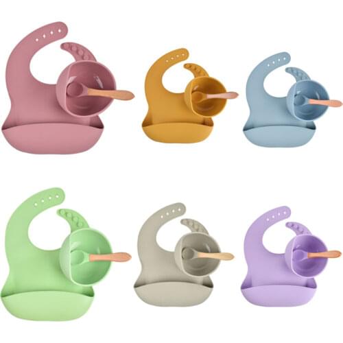 3PCS/Set Baby Suction Plate Bowl Spoon Bib Set Food Grade Silicone Kitchenware Childrens Tableware Kitchen Gadgets