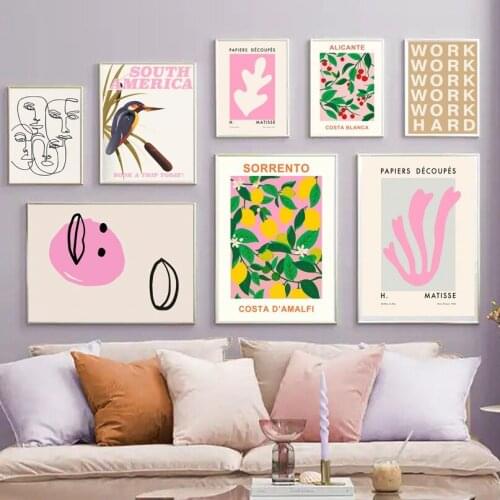 Abstract Line Face Bird Cherry Lemon Leaf Wall Art Canvas Painting Nordic Posters And Prints Wall Pictures For Living Room Decor