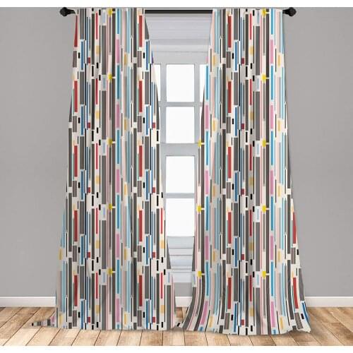 Abstract Window Curtains Colorful Graphic of Various Stripes Vintage Creative Composition Grungy Lightweight Decorative